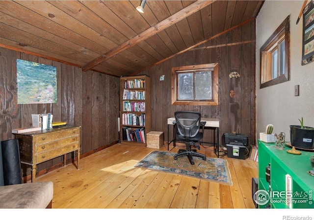 1824 Lazy Z Rd, Nederland, CO 80466 - office area featuring lofted ceiling, wooden walls, wooden ceiling, and hardwood / wood-style flooring