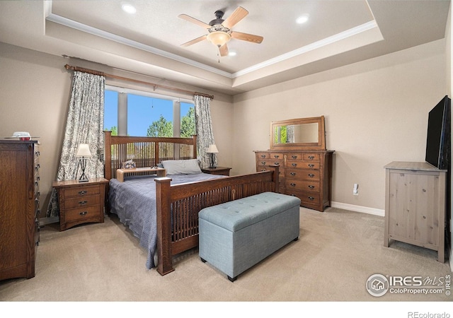 4609 Freehold Dr, Windsor, CO 80550 - carpeted bedroom with a tray ceiling, crown molding, recessed lighting, and a ceiling fan