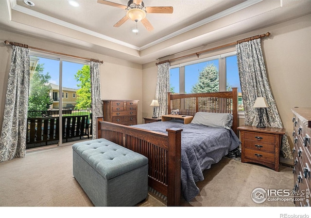 4609 Freehold Dr, Windsor, CO 80550 - carpeted bedroom featuring ornamental molding, access to exterior, a raised ceiling, recessed lighting, and ceiling fan