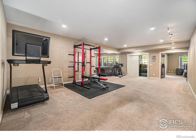 4609 Freehold Dr, Windsor, CO 80550 - exercise area featuring carpet floors and recessed lighting