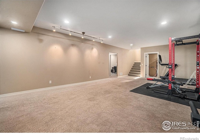 4609 Freehold Dr, Windsor, CO 80550 - exercise area featuring carpet flooring, track lighting, and recessed lighting