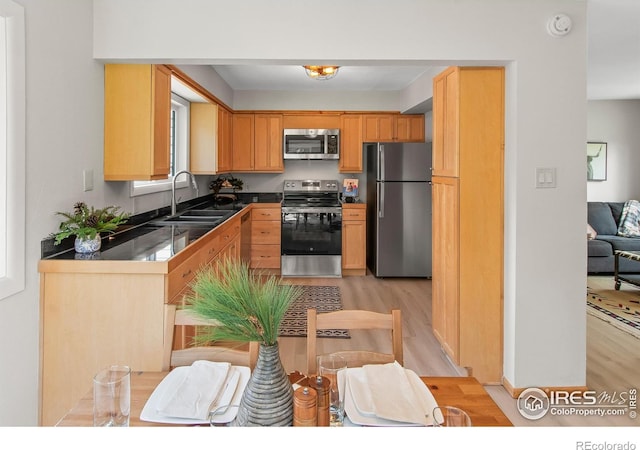 4888 Silver Spruce Ln, Evergreen, CO 80439 - kitchen with appliances with stainless steel finishes, a sink, and light wood-style flooring