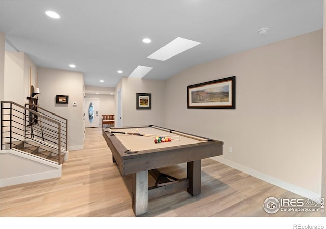 819 Gapter Rd, Boulder, CO 80303 - rec room with a skylight, light wood-type flooring, pool table, baseboards, and recessed lighting