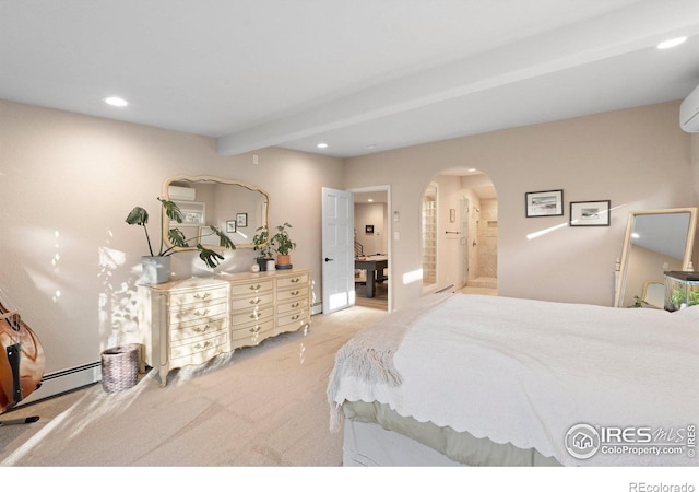 819 Gapter Rd, Boulder, CO 80303 - bedroom with arched walkways, light colored carpet, recessed lighting, beam ceiling, and a baseboard heating unit