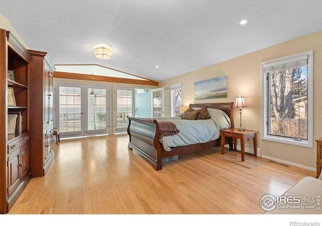 819 Gapter Rd, Boulder, CO 80303 - bedroom featuring vaulted ceiling, light wood-type flooring, access to exterior, baseboards, and recessed lighting