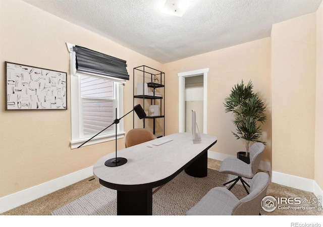 home office with a textured ceiling, carpet, and baseboards