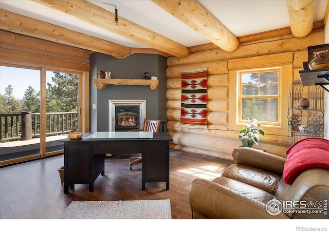 351 County Road 128n, Nederland, CO 80466 - office area with wood-type flooring, beam ceiling, rustic walls, and a glass covered fireplace
