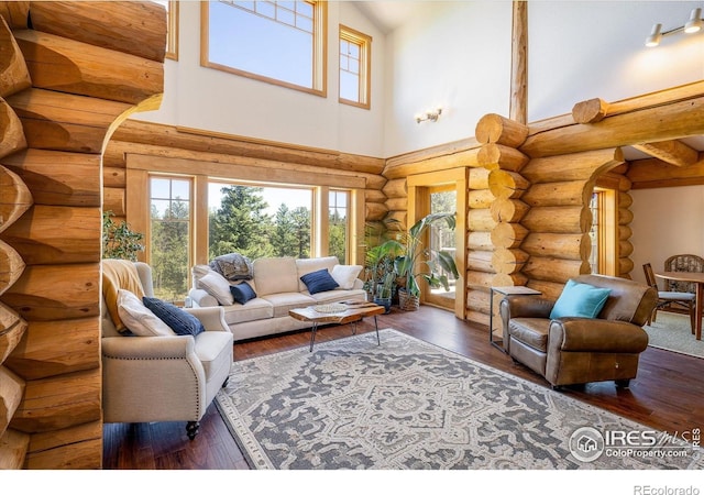 351 County Road 128n, Nederland, CO 80466 - living room with high vaulted ceiling, rustic walls, hardwood / wood-style flooring, and arched walkways