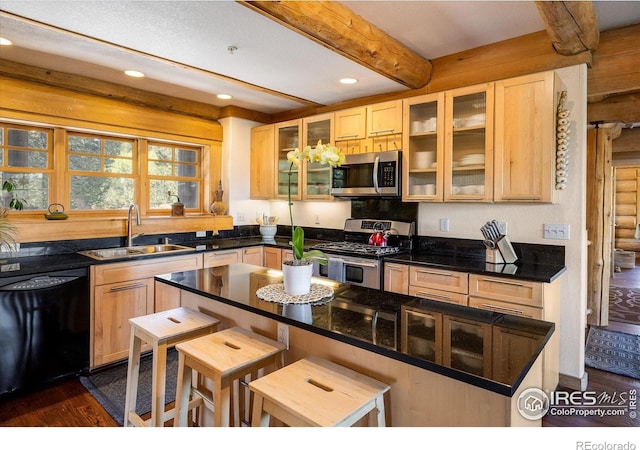 351 County Road 128n, Nederland, CO 80466 - kitchen with appliances with stainless steel finishes, dark wood-style floors, beam ceiling, recessed lighting, and glass insert cabinets