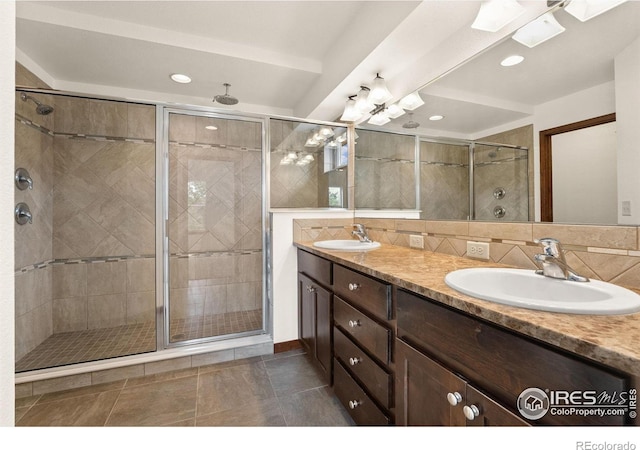 4045 Stoney Creek Dr, Fort Collins, CO 80525 - full bath featuring a stall shower, tasteful backsplash, double vanity, and recessed lighting