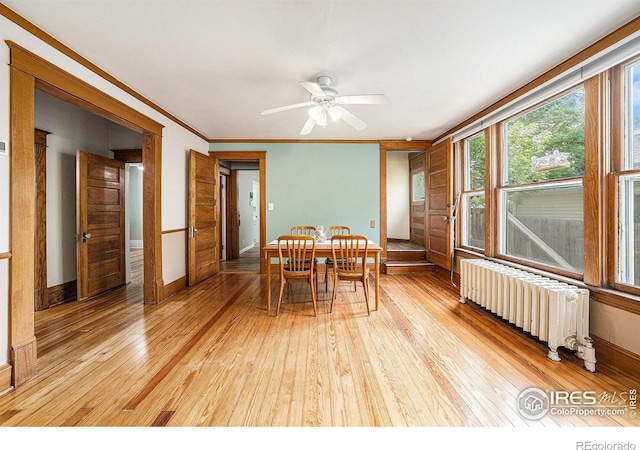 dining room with radiator heating unit, light wood-style flooring, baseboards, and crown molding