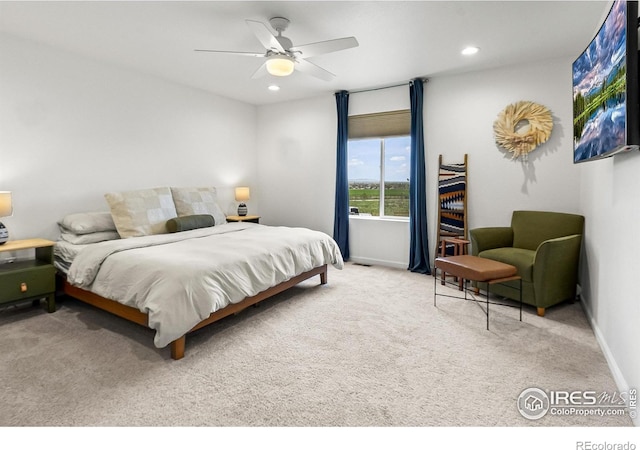 bedroom featuring carpet flooring, recessed lighting, baseboards, and a ceiling fan