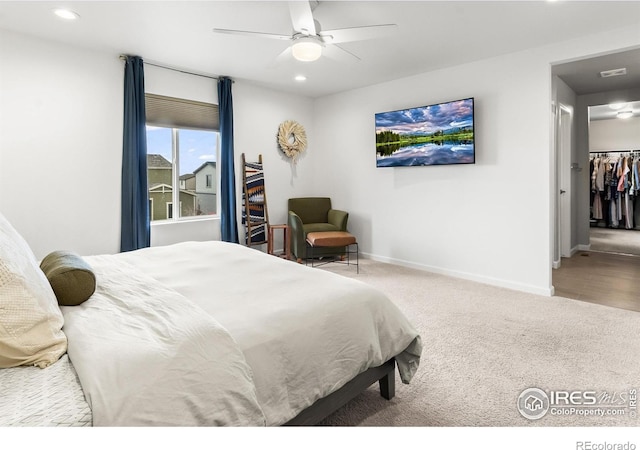 1246 Sherman Dr, Dacono, CO 80514 - bedroom featuring recessed lighting, carpet, baseboards, a ceiling fan, and a spacious closet