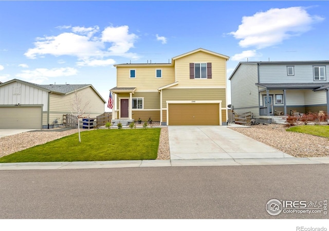 1246 Sherman Dr, Dacono, CO 80514 - view of front of house featuring concrete driveway, a front yard, and an attached garage