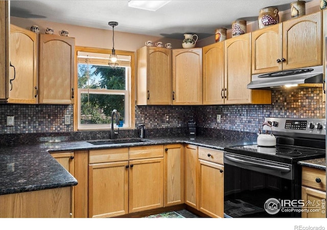 719 Marshall Pl, Berthoud, CO 80513 - kitchen with black range with electric cooktop, under cabinet range hood, a sink, and backsplash