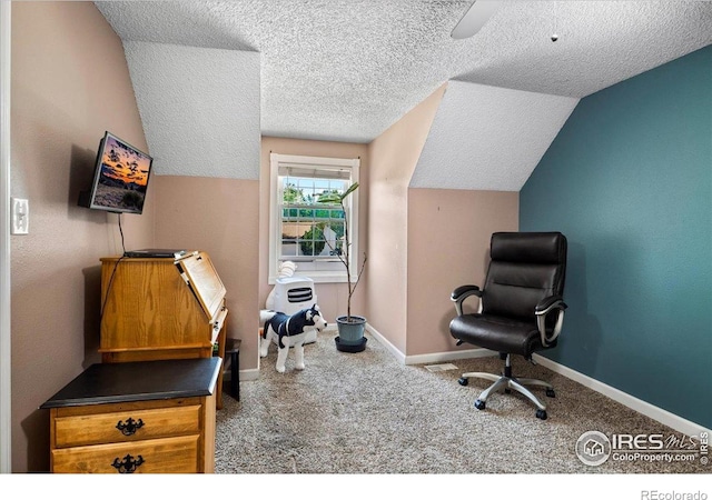 719 Marshall Pl, Berthoud, CO 80513 - office with carpet, lofted ceiling, a textured ceiling, and baseboards