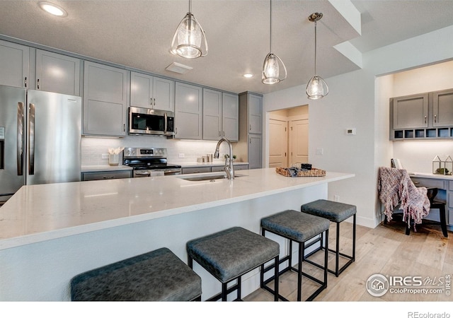 kitchen with appliances with stainless steel finishes, a sink, gray cabinets, tasteful backsplash, and light wood finished floors