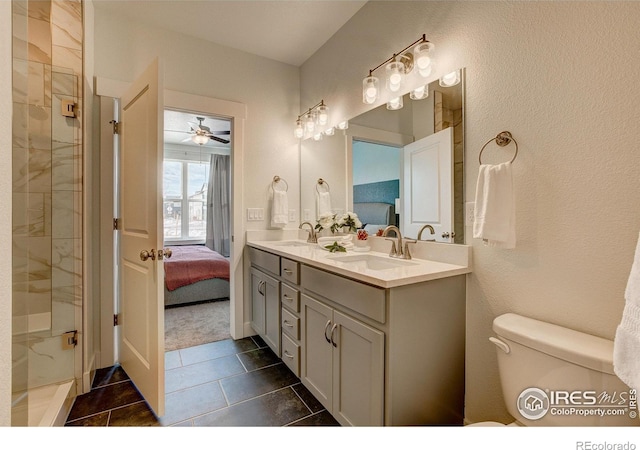 full bathroom featuring toilet, ensuite bath, tile patterned floors, tiled shower, and double vanity