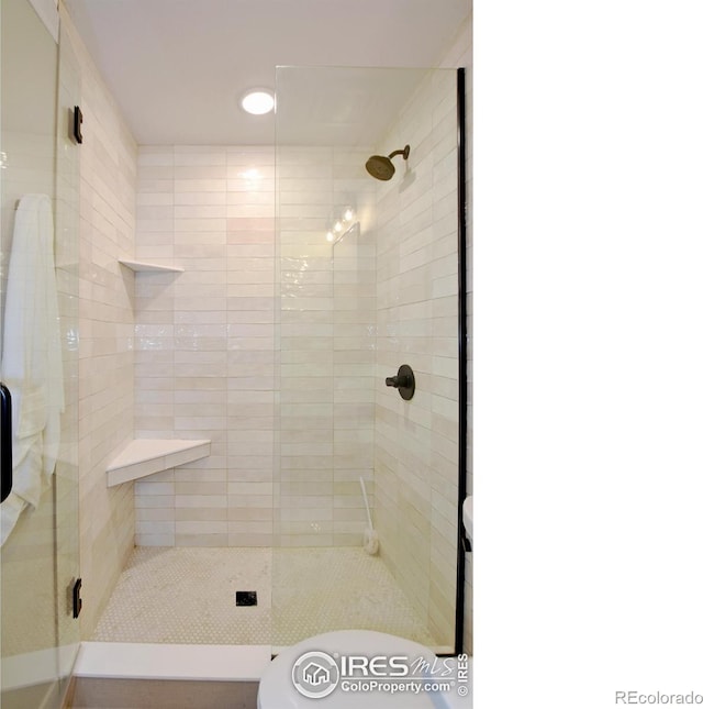 bathroom featuring a stall shower and toilet