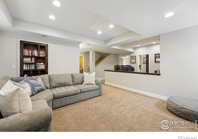 5145 Denver St, Boulder, CO 80304 - living area featuring recessed lighting, carpet floors, stairway, a raised ceiling, and baseboards
