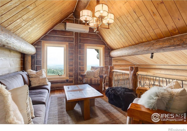 9126 Gold Mine Rd, Loveland, CO 80538 - living room with a chandelier, wooden ceiling, a wall unit AC, vaulted ceiling, and wood finished floors