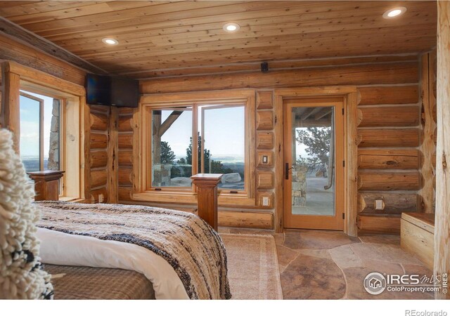 9126 Gold Mine Rd, Loveland, CO 80538 - bedroom with access to outside, recessed lighting, wood ceiling, rustic walls, and stone finish flooring