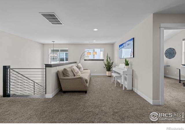 3663 Silverton St, Boulder, CO 80301 - living room with carpet floors, a chandelier, baseboards, and recessed lighting