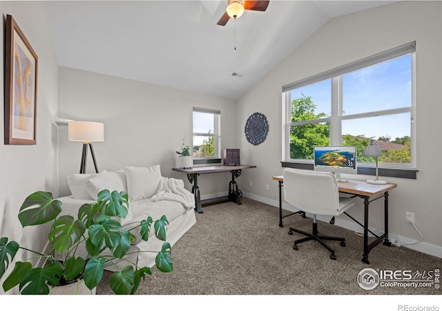 3663 Silverton St, Boulder, CO 80301 - carpeted office with vaulted ceiling, ceiling fan, and baseboards