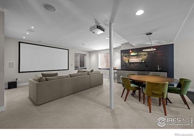 3663 Silverton St, Boulder, CO 80301 - home theater featuring carpet floors, baseboards, and recessed lighting