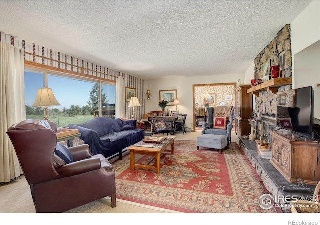 2219 Meadow Green Cir, Franktown, CO 80116 - carpeted living room with a textured ceiling and a fireplace