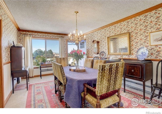 2219 Meadow Green Cir, Franktown, CO 80116 - dining area with wallpapered walls, crown molding, a chandelier, a textured ceiling, and a baseboard radiator