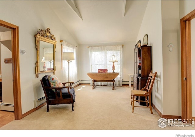 2219 Meadow Green Cir, Franktown, CO 80116 - living area featuring baseboard heating, baseboards, carpet, beam ceiling, and high vaulted ceiling