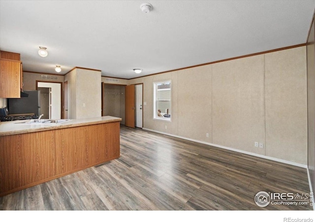 830 1st St # 14, Pierce, CO 80650 - kitchen featuring freestanding refrigerator, a sink, wood finished floors, a peninsula, and light countertops