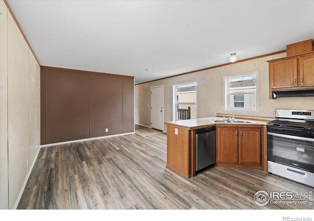 830 1st St # 14, Pierce, CO 80650 - kitchen with stainless steel appliances, a sink, under cabinet range hood, and wood finished floors