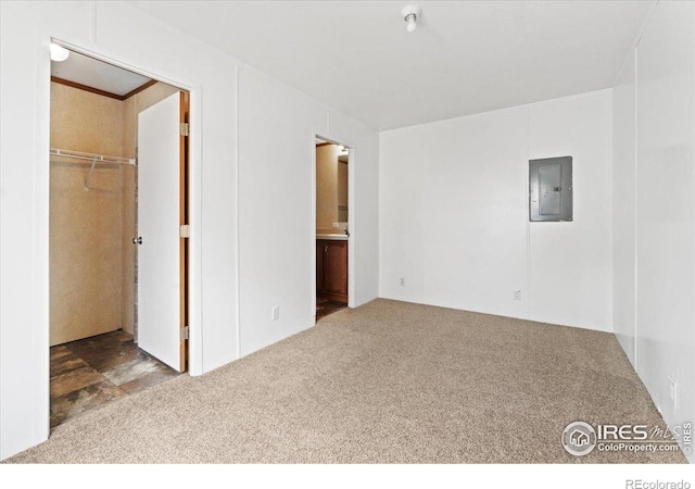 830 1st St # 14, Pierce, CO 80650 - unfurnished bedroom featuring electric panel, carpet floors, a spacious closet, ensuite bathroom, and a closet