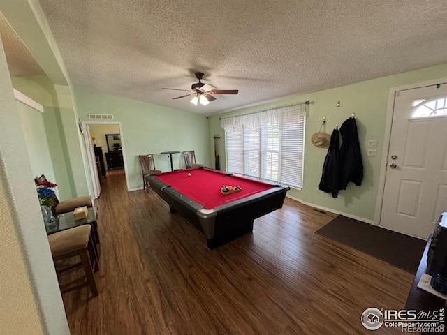 game room with wood finished floors, a textured ceiling, a ceiling fan, billiards, and baseboards