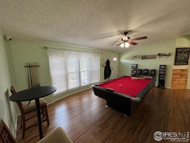 playroom featuring wood finished floors, a textured ceiling, pool table, ceiling fan, and baseboards
