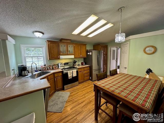 kitchen with appliances with stainless steel finishes, under cabinet range hood, a sink, brown cabinets, and light wood-style flooring