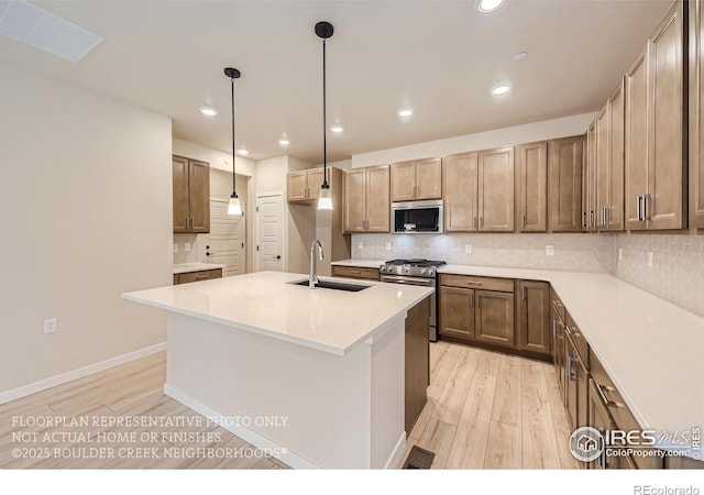 kitchen with appliances with stainless steel finishes, a sink, light wood-type flooring, backsplash, and recessed lighting
