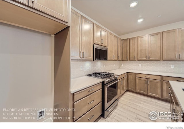 kitchen with stainless steel appliances, recessed lighting, tasteful backsplash, light countertops, and light wood-type flooring