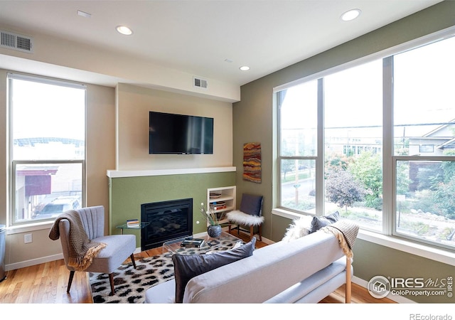 2100 N Clay St, Denver, CO 80211 - living area featuring healthy amount of natural light, wood finished floors, a glass covered fireplace, baseboards, and recessed lighting