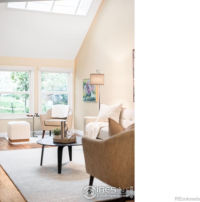 93 Benthaven Pl, Boulder, CO 80305 - living area with a skylight, wood finished floors, baseboards, and high vaulted ceiling