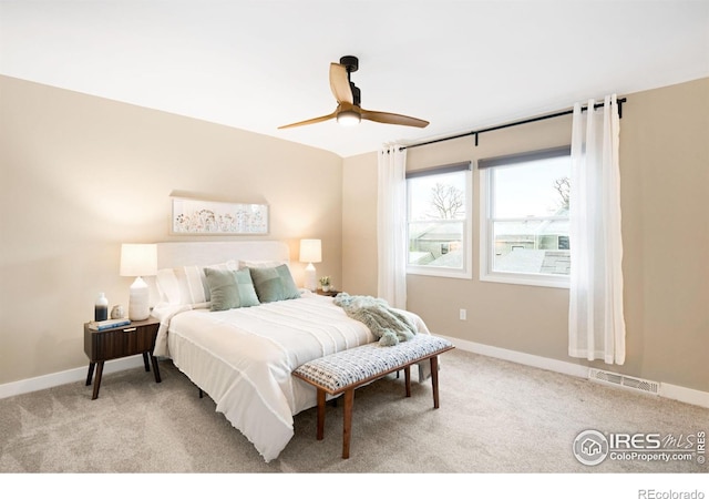 93 Benthaven Pl, Boulder, CO 80305 - bedroom featuring light carpet, baseboards, and ceiling fan