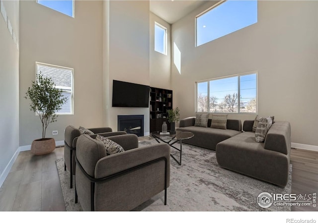 2710 Crystal Spgs, Longmont, CO 80503 - living area with a towering ceiling, wood finished floors, a fireplace, and healthy amount of natural light