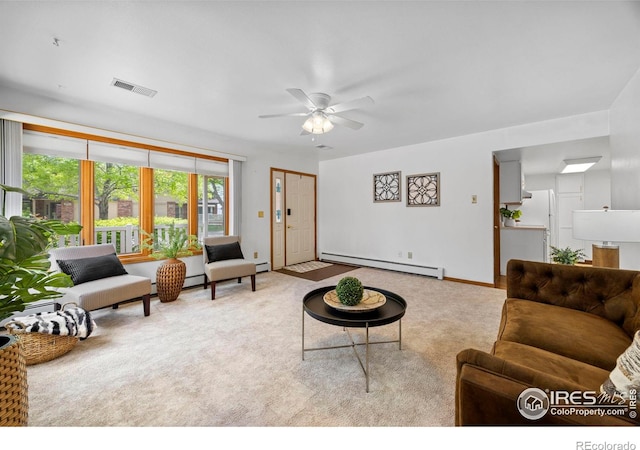 4560 Larkbunting Dr Unit 5D, Fort Collins, CO 80526 - living area featuring a baseboard radiator, carpet, ceiling fan, and baseboards