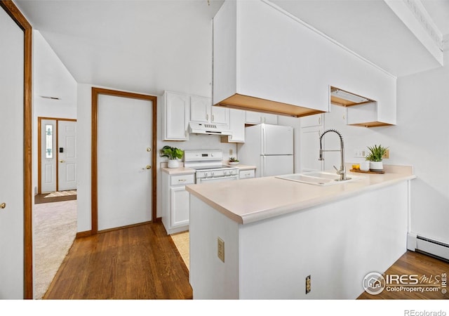 4560 Larkbunting Dr Unit 5D, Fort Collins, CO 80526 - kitchen with white appliances, a sink, under cabinet range hood, and wood finished floors