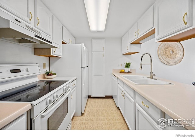 4560 Larkbunting Dr Unit 5D, Fort Collins, CO 80526 - kitchen with white appliances, a sink, under cabinet range hood, and light countertops