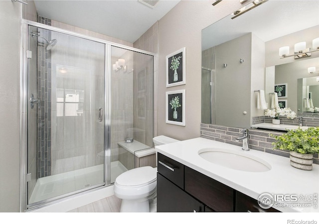 875 Baum St Unit C, Fort Collins, CO 80524 - bathroom with a stall shower, toilet, tasteful backsplash, and vanity