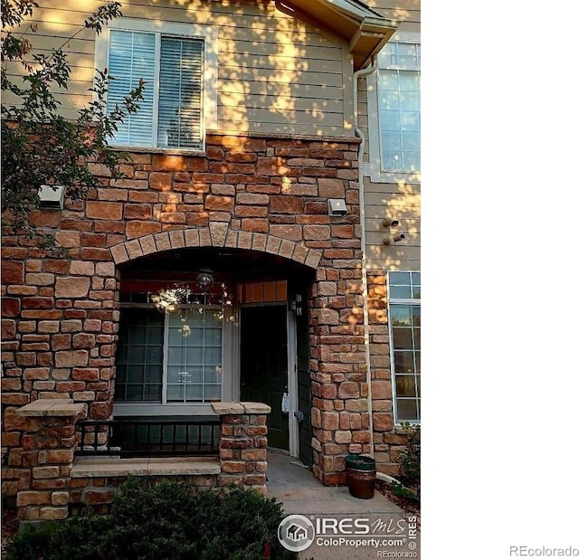 entrance to property with stone siding
