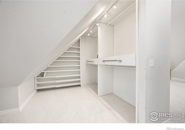 walk in closet featuring light carpet